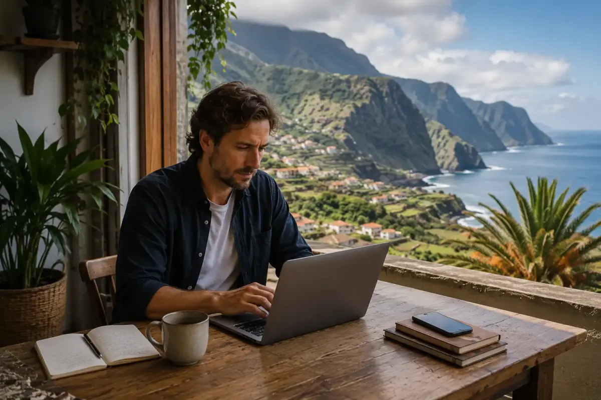 Digital nomad working remotely in Madeira, Portugal