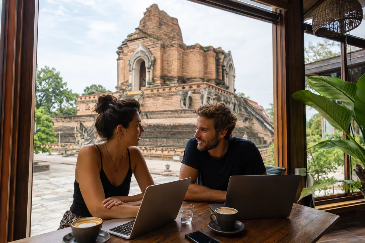 Digital nomad couple talking in Chiang Mai with Wat Chedi Luang visible through the window