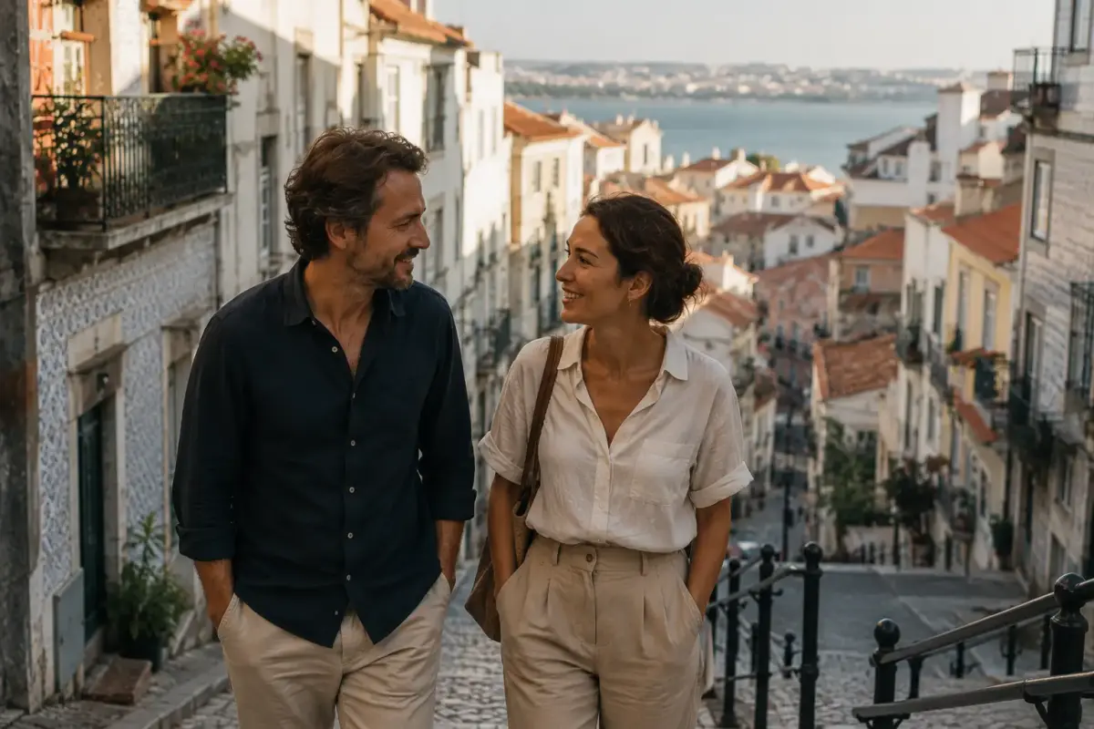 Digital nomad couple on a date in Lisbon, Portugal