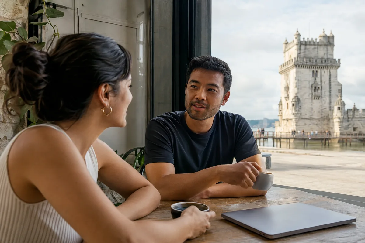 Digital nomad couple talking in Lisbon with Belém Tower visible through the window