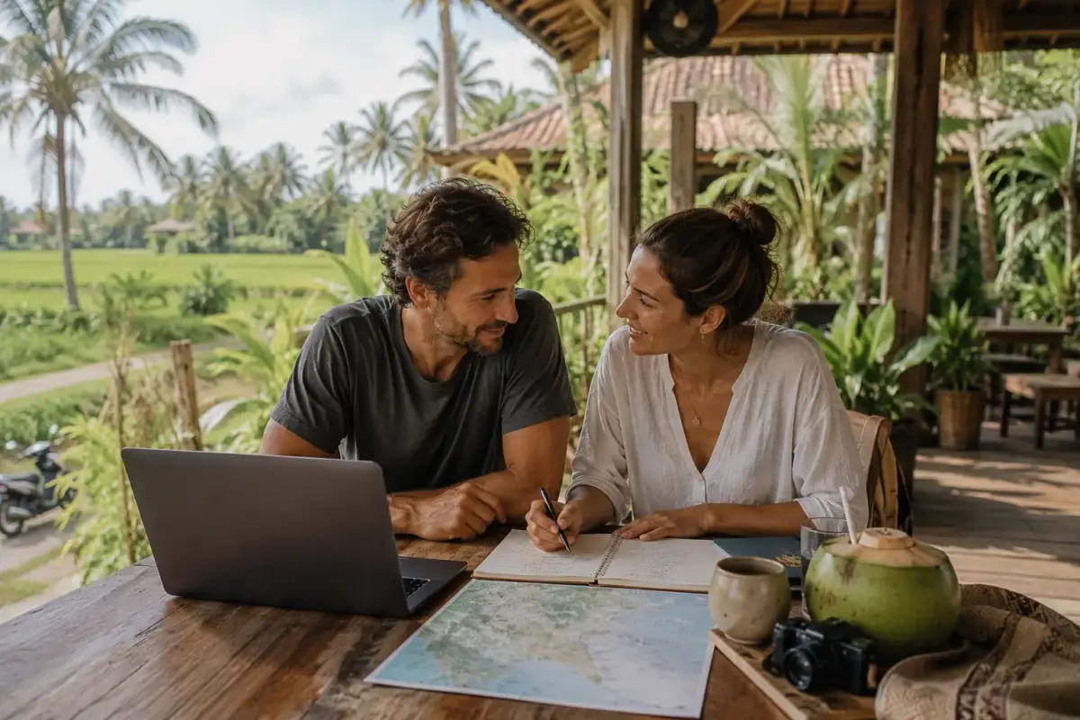 Digital nomad couple planning their travels together in Canggu, Bali