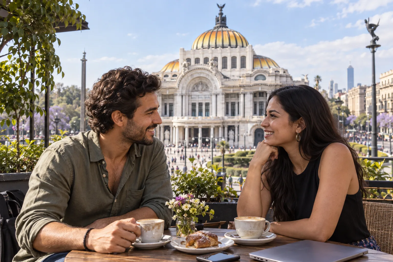 Adult couple talking at an outdoor café with Palacio de Bellas Artes visible in Mexico City