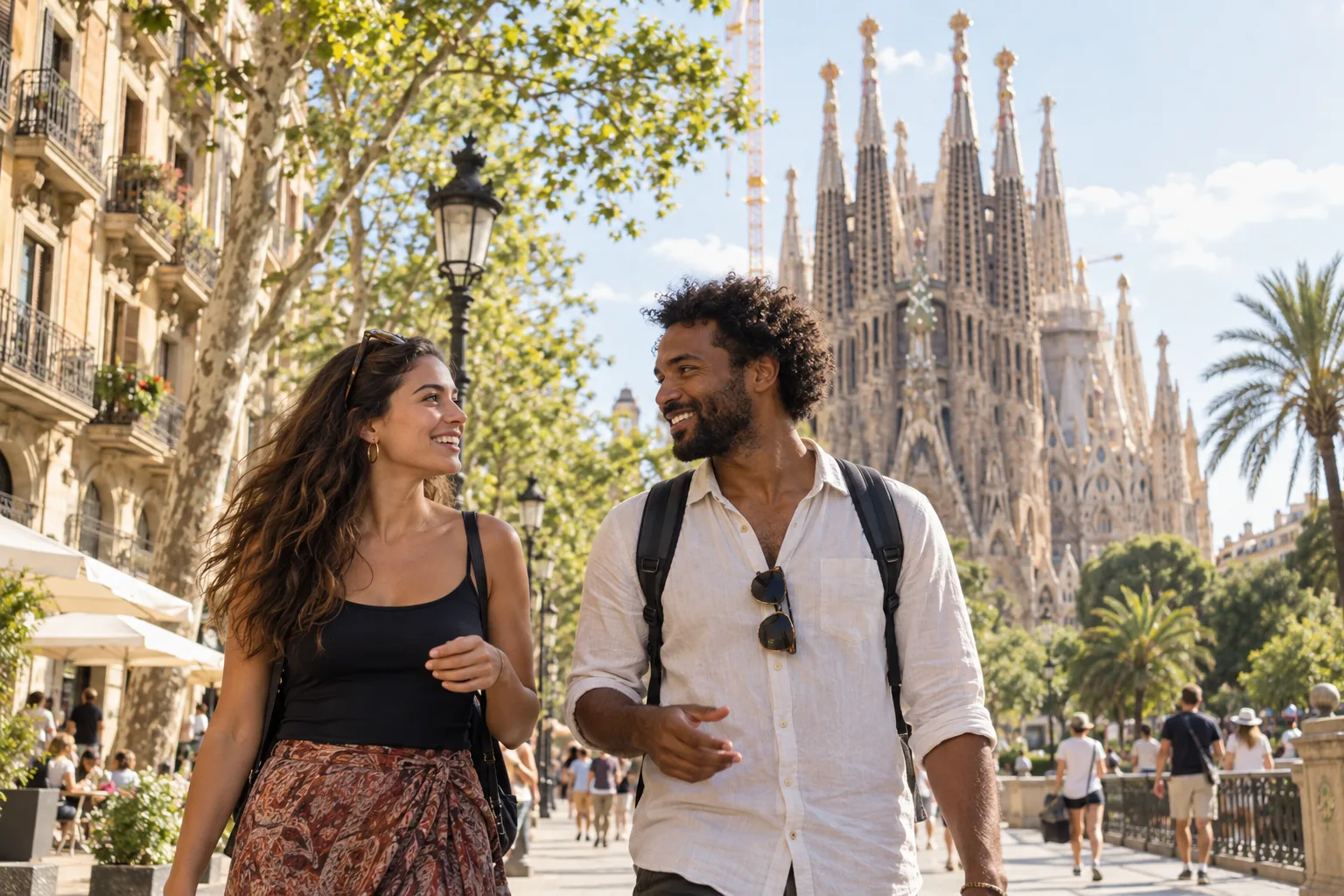Adult couple walking together with the Sagrada Família visible in Barcelona