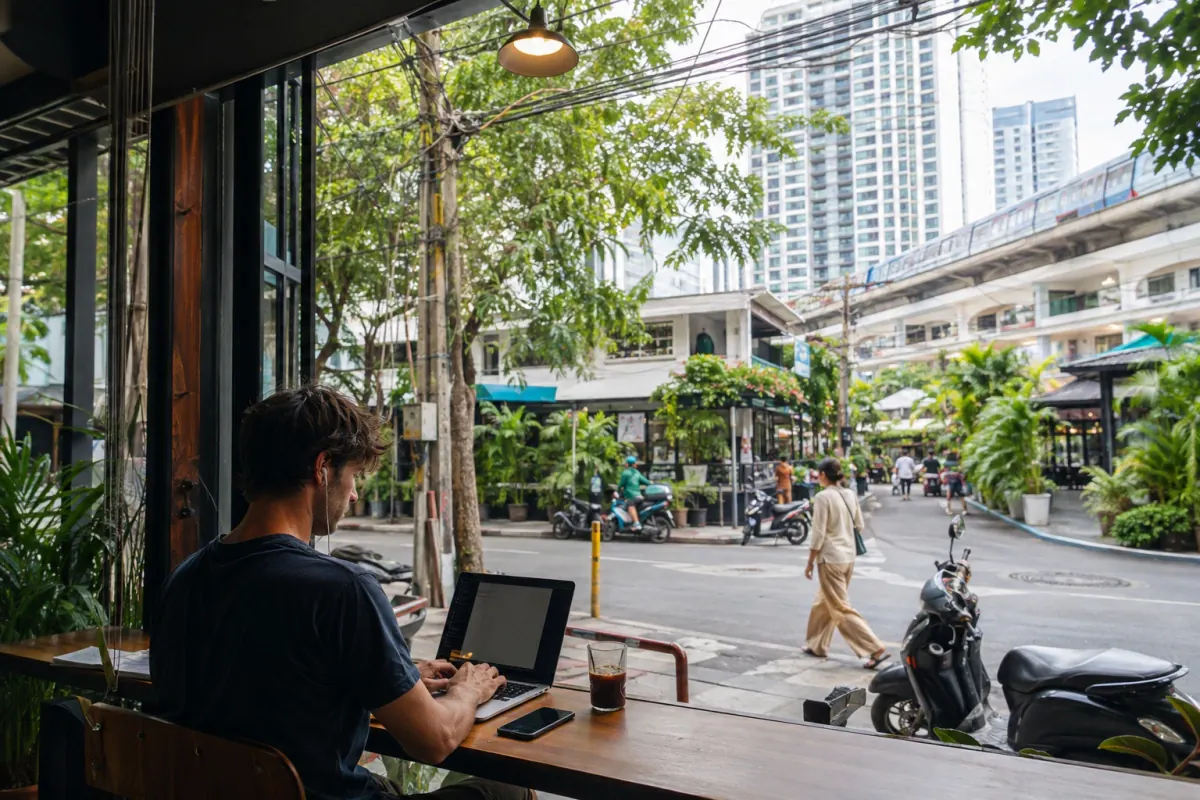 Remote worker at a street-facing café in a Bangkok neighborhood