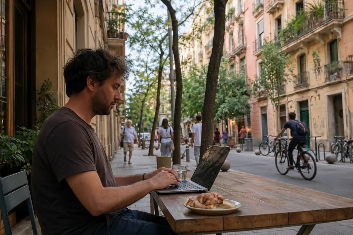 Remote worker at a neighborhood café in Barcelona