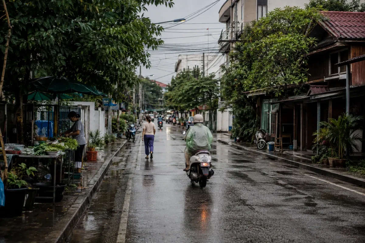 Everyday morning routine on a green residential lane in Chiang Mai