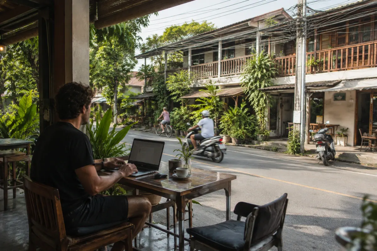 Laptop user in a café-lined neighborhood street in Chiang Mai
