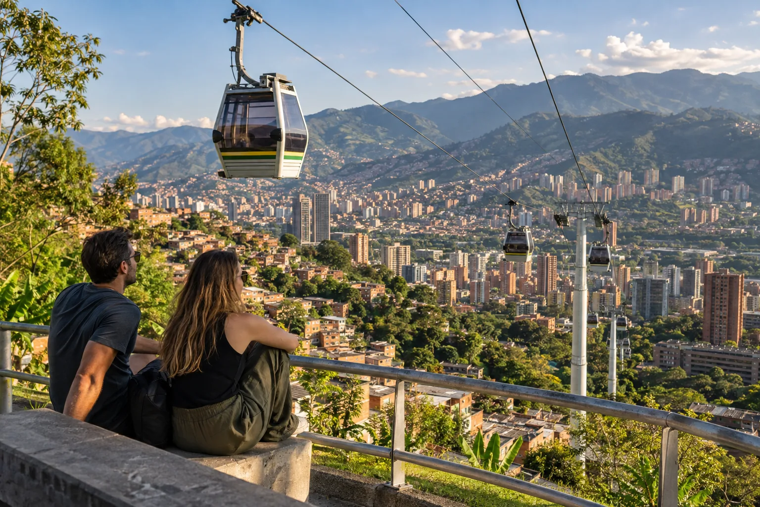 Medellín Metrocable crossing above the city and green Aburrá Valley