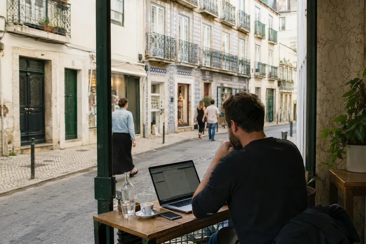 Remote worker at a neighborhood café on a Lisbon hillside street