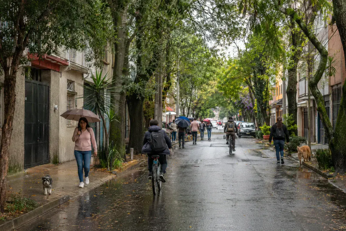 Everyday rainy-season life on a residential street in Mexico City