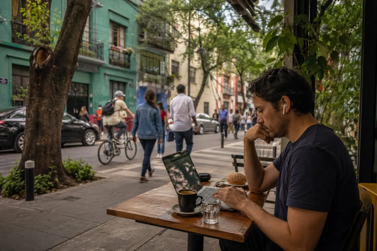 Remote worker at a street-facing café in a Mexico City neighborhood
