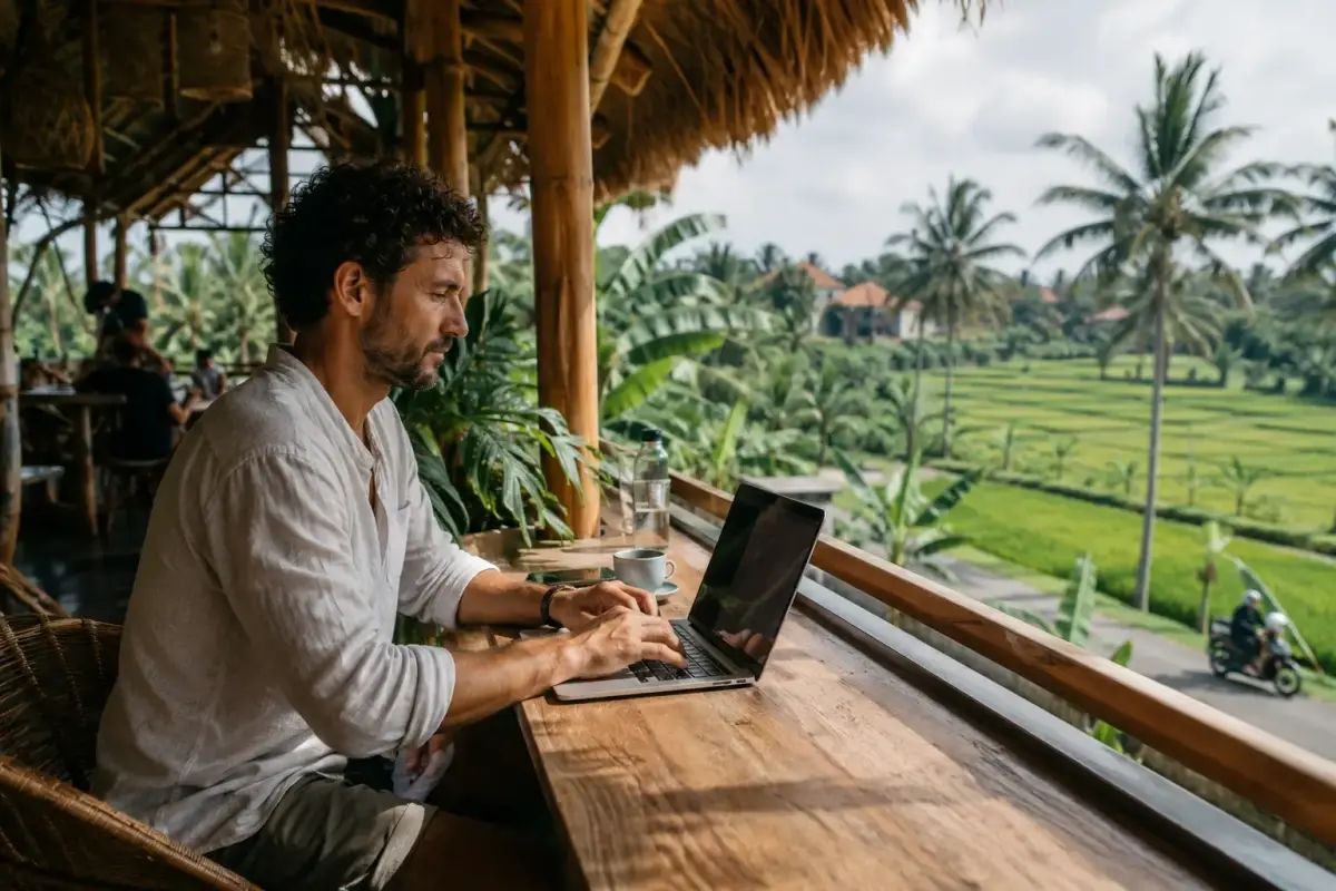 Digital nomad working from an open-air space in Canggu, Bali