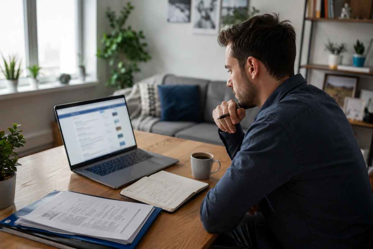 Professional remote worker comparing job opportunities on a laptop