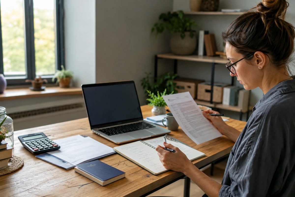 Remote worker organizing visa documents and eligibility notes beside a laptop