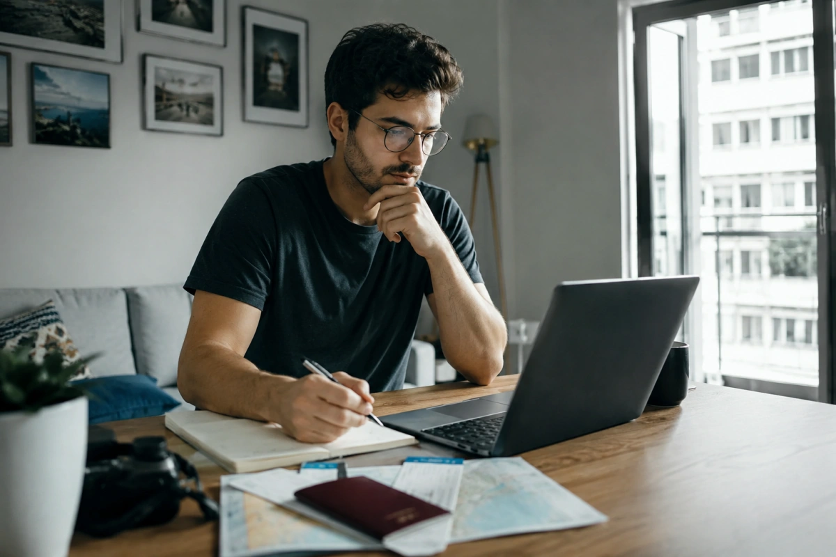 Remote worker reviewing a digital nomad visa planning checklist at a laptop