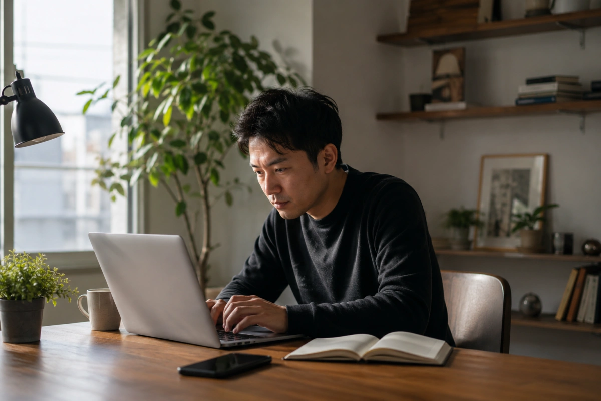 Remote worker following a focused work routine in a calm workspace