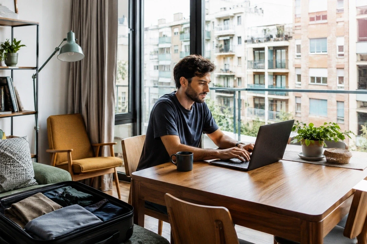 Remote worker planning an international relocation with a laptop and travel documents