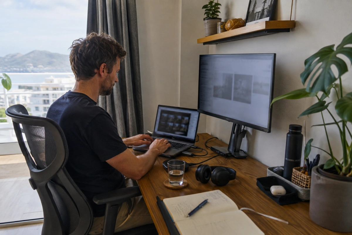 Focused remote worker using a practical home workspace with natural light