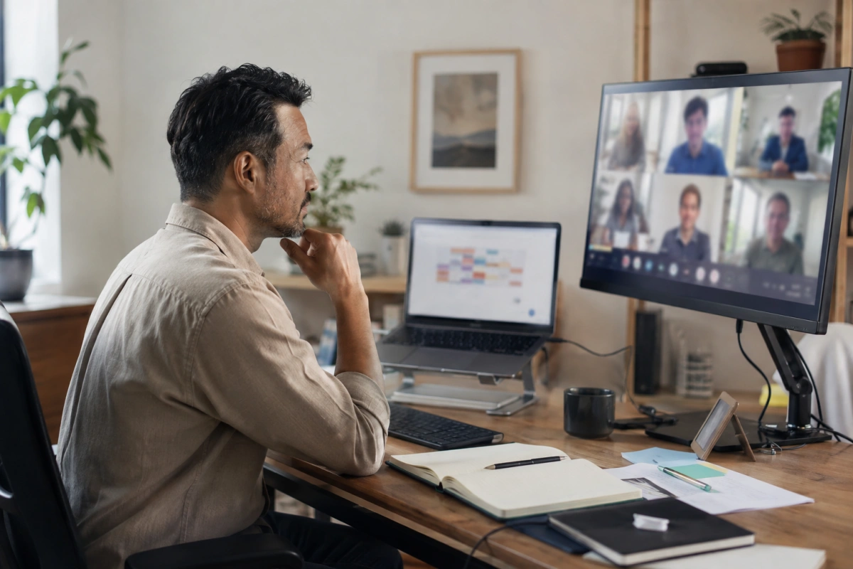 Professional reviewing a remote-work application workflow in a quiet workspace