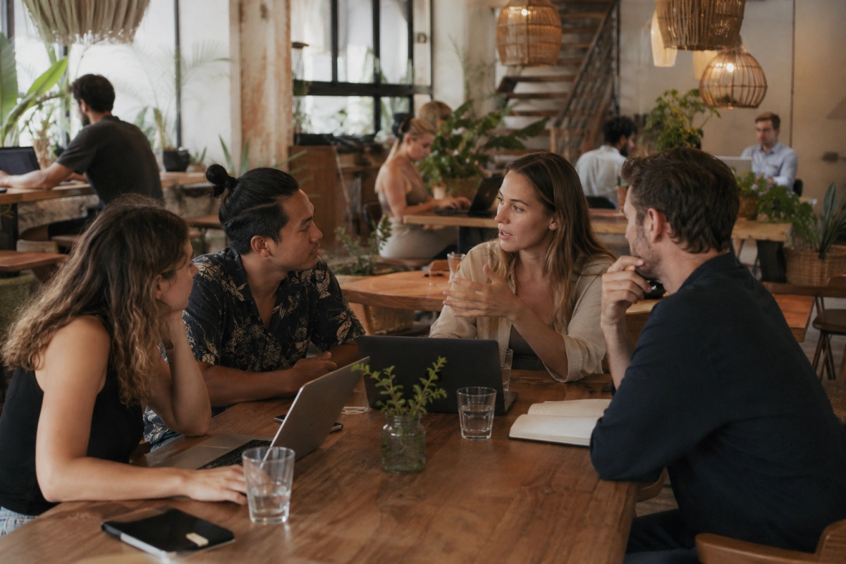 Remote professionals collaborating in a calm coworking space while traveling