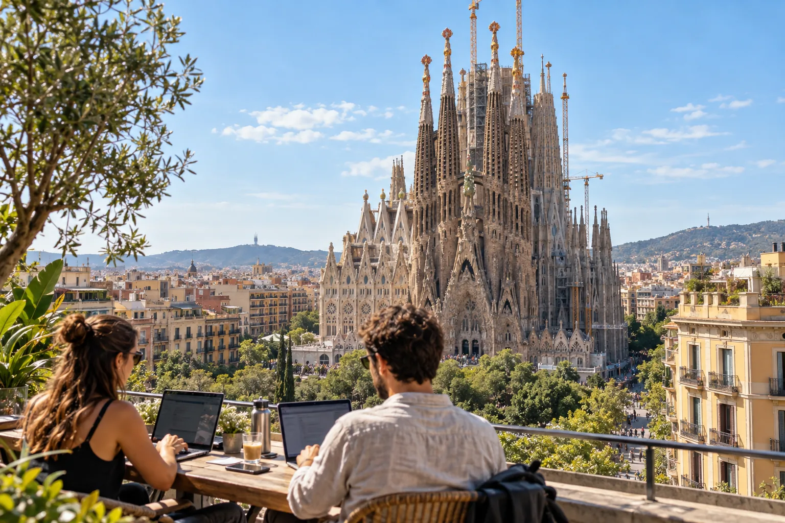 Sagrada Família rising above the Eixample district in Barcelona