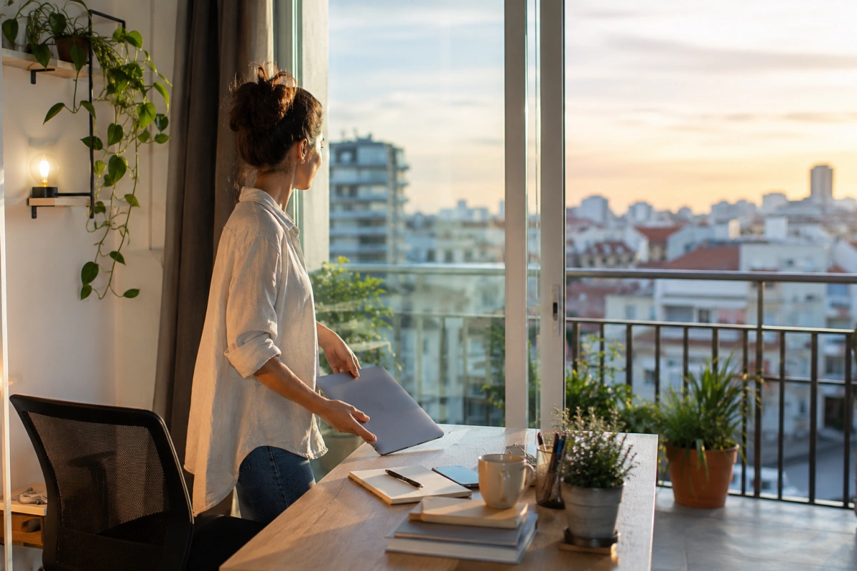 Remote worker taking a sustainable work break in a comfortable workspace