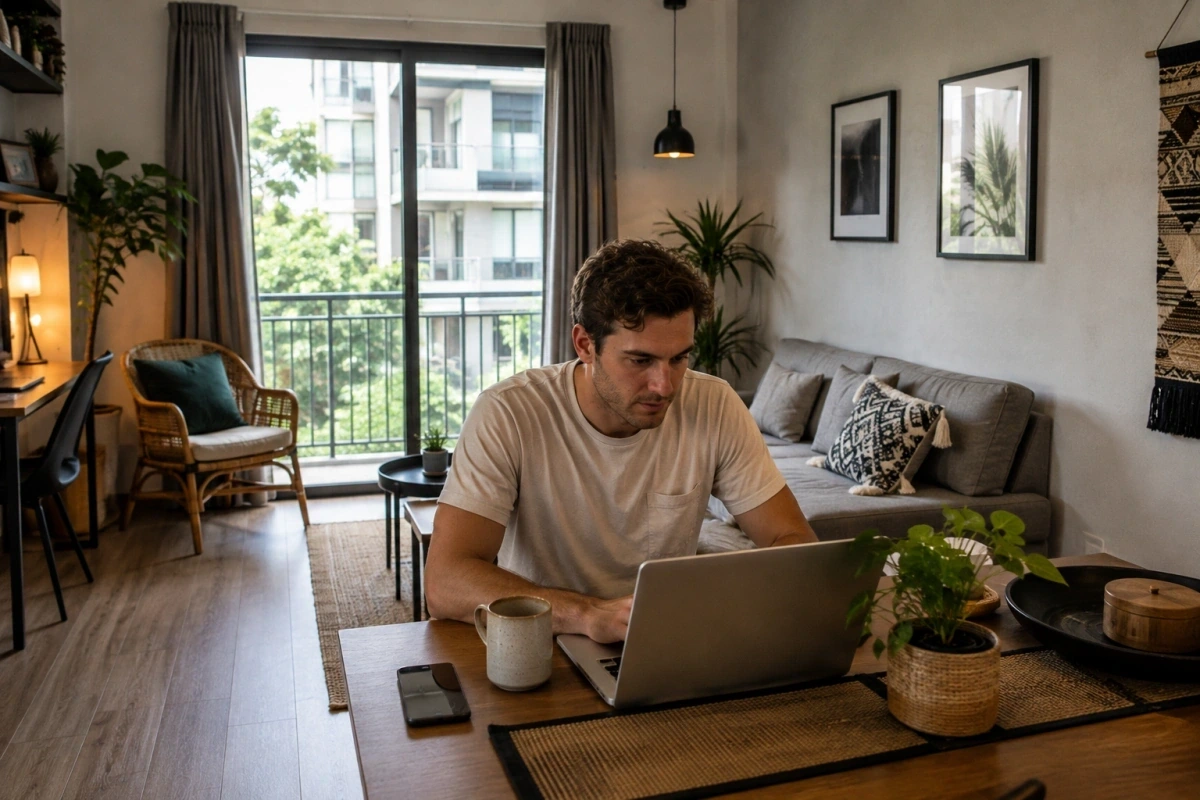 Remote worker reviewing Thailand visa requirements in a shaded urban workspace